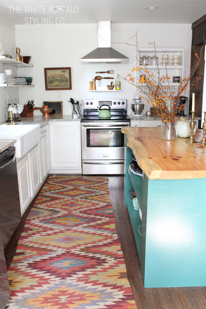 Colorful Kilim Runner in White Kitchen