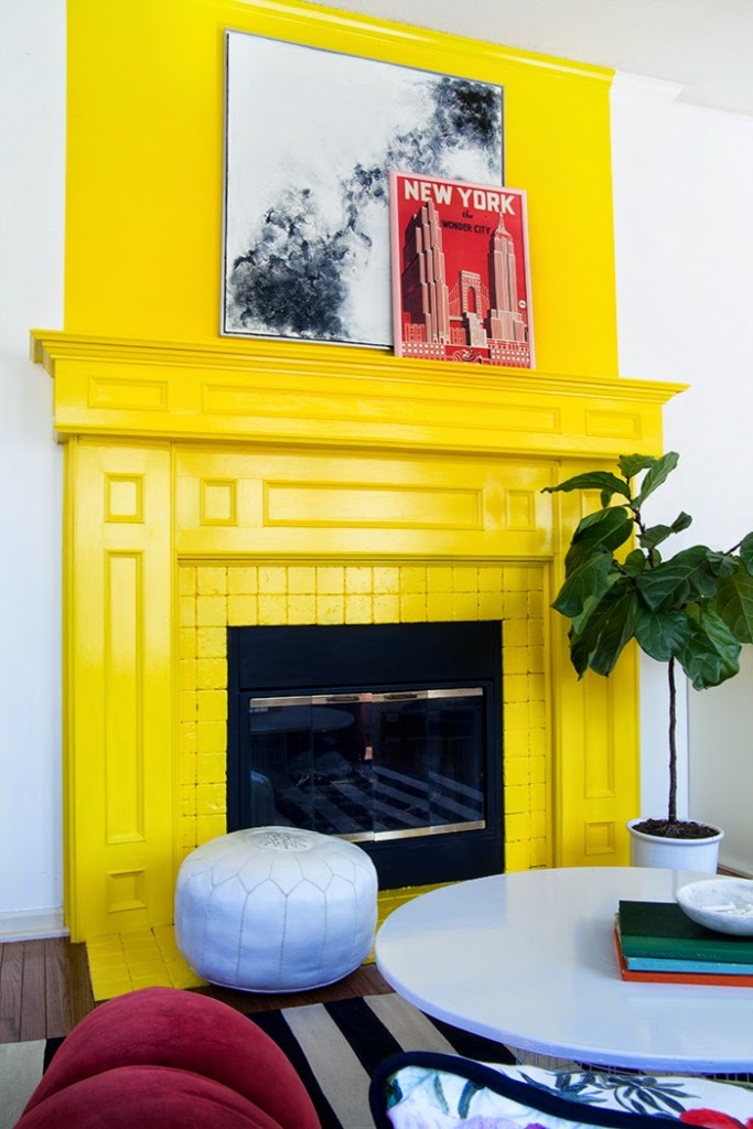 The-Makerista-Playroom-Yellow-Fireplace-Behr-Lemon-Zest-Kids-Room-Colorful
